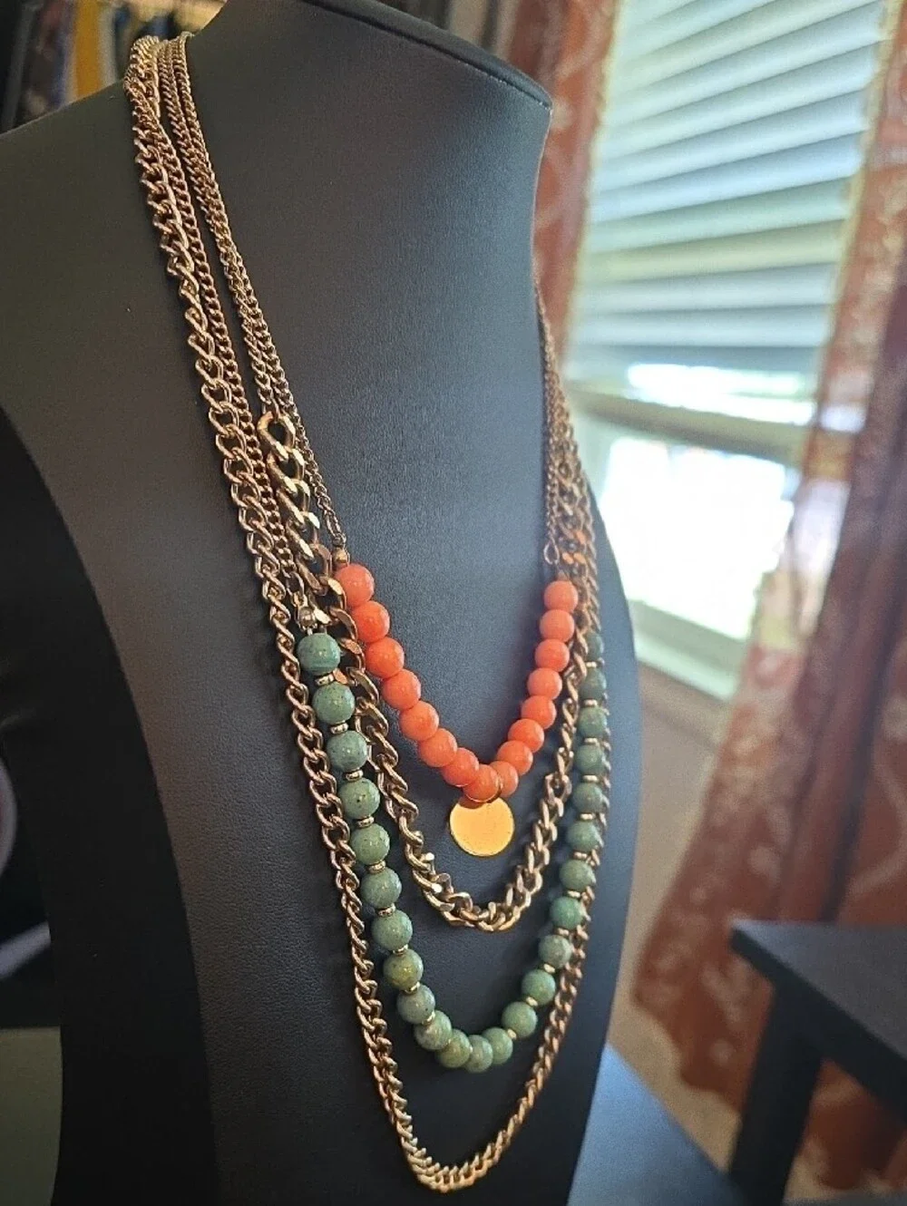 Layered Gold Chain Necklace with Coral and Turquoise Beads